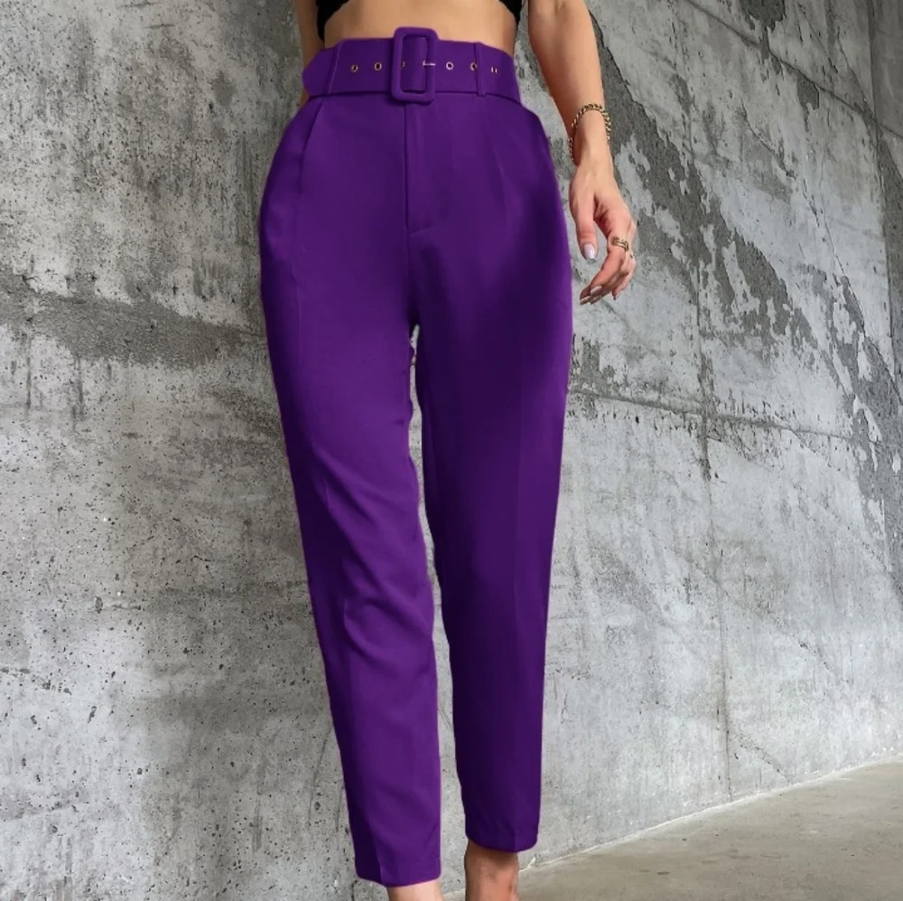 SHEIN Women Purple Belted Trouser Pant